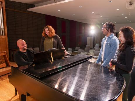 Master of Music students and faculty rehearse in the Recital Hall.